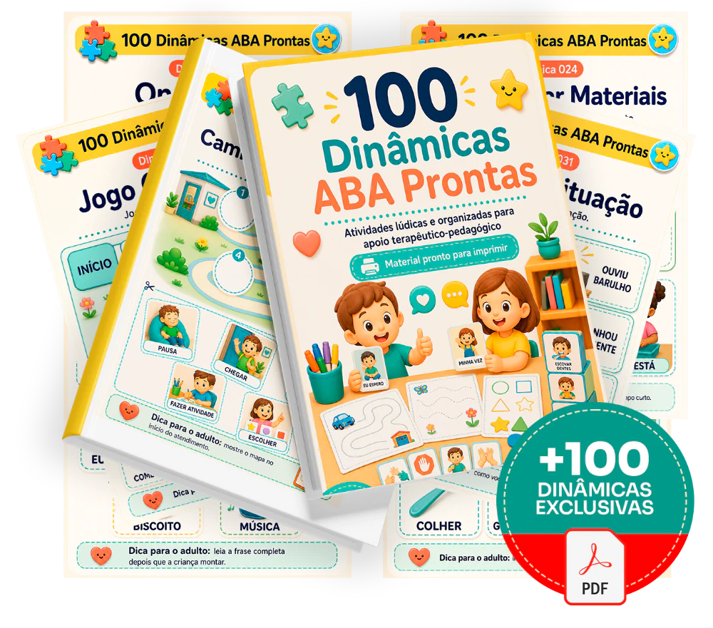 Mockup do material 100 Dinâmicas ABA Prontas com selo +100 dinâmicas exclusivas e ícone de PDF