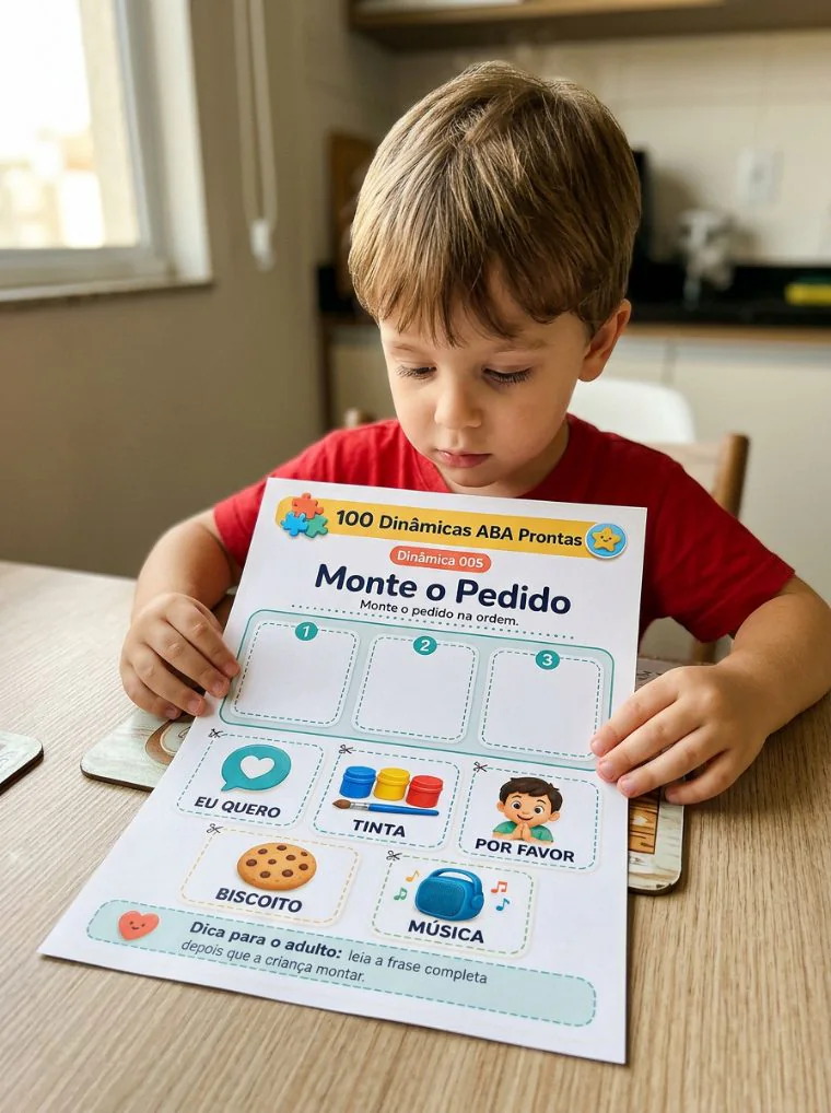 Criança aplicando atividade Monte o Pedido