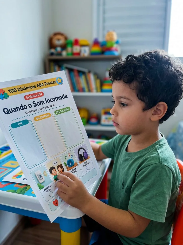 Criança usando atividade Quando o Som Incomoda