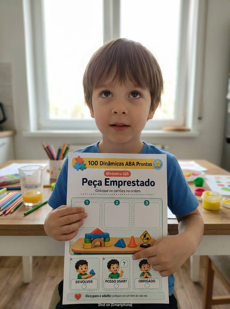 Criança com atividade Peça Emprestado